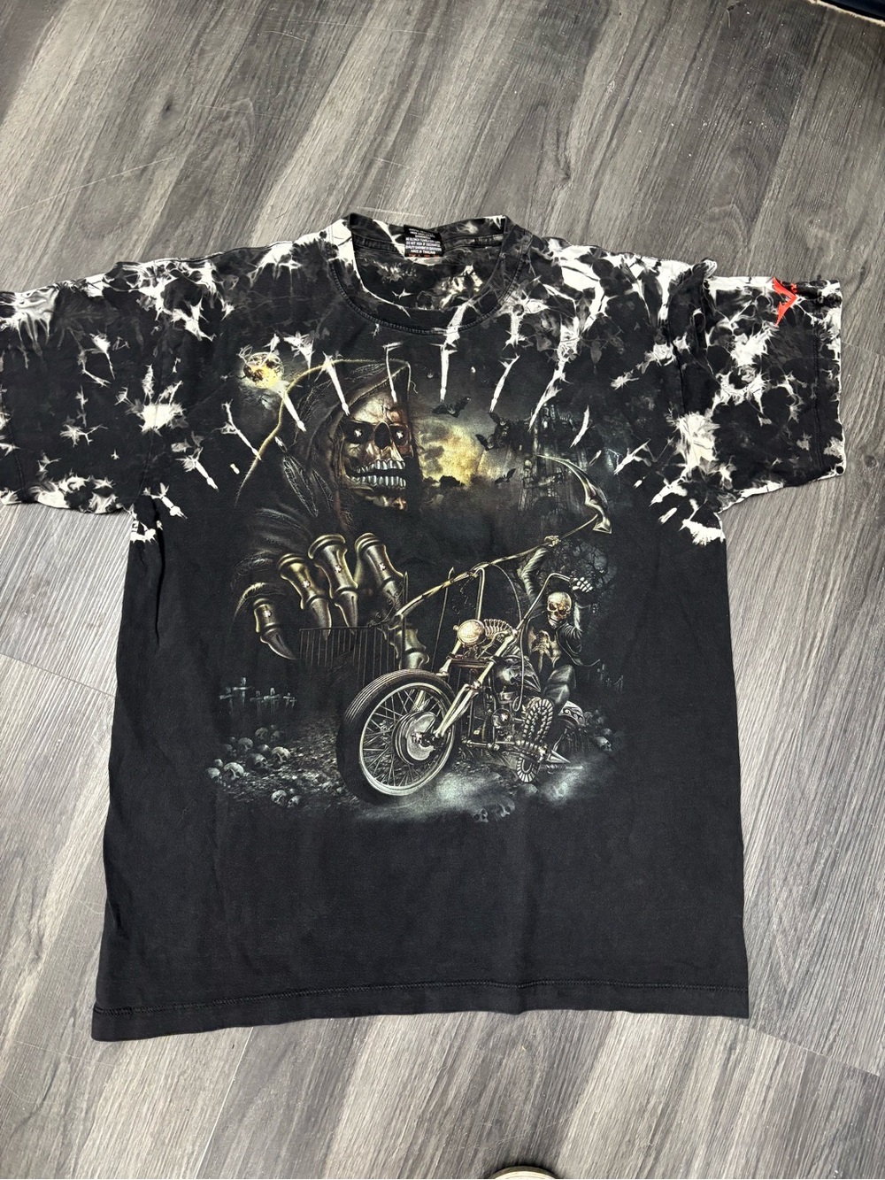 Vintage 90’s Black Tie-Dye Skull & Motorcycle Graphic Tee with studs LG Rare